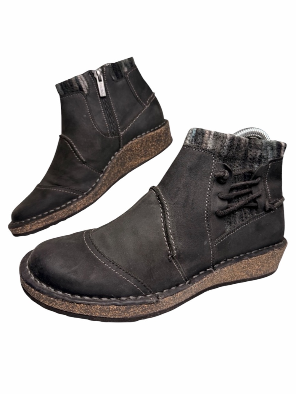Aetrex Tessa Ankle Boots Black Leather Wool Trim Comfort Booties Women’s 7